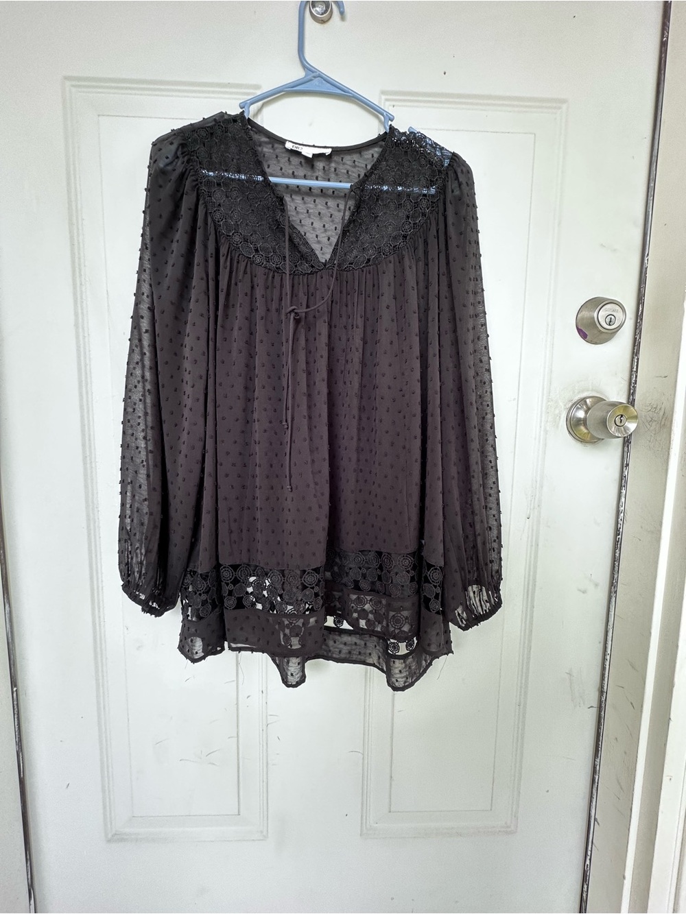 DR2 Black Swiss Dot Lace-Yoke Peasant Blouse